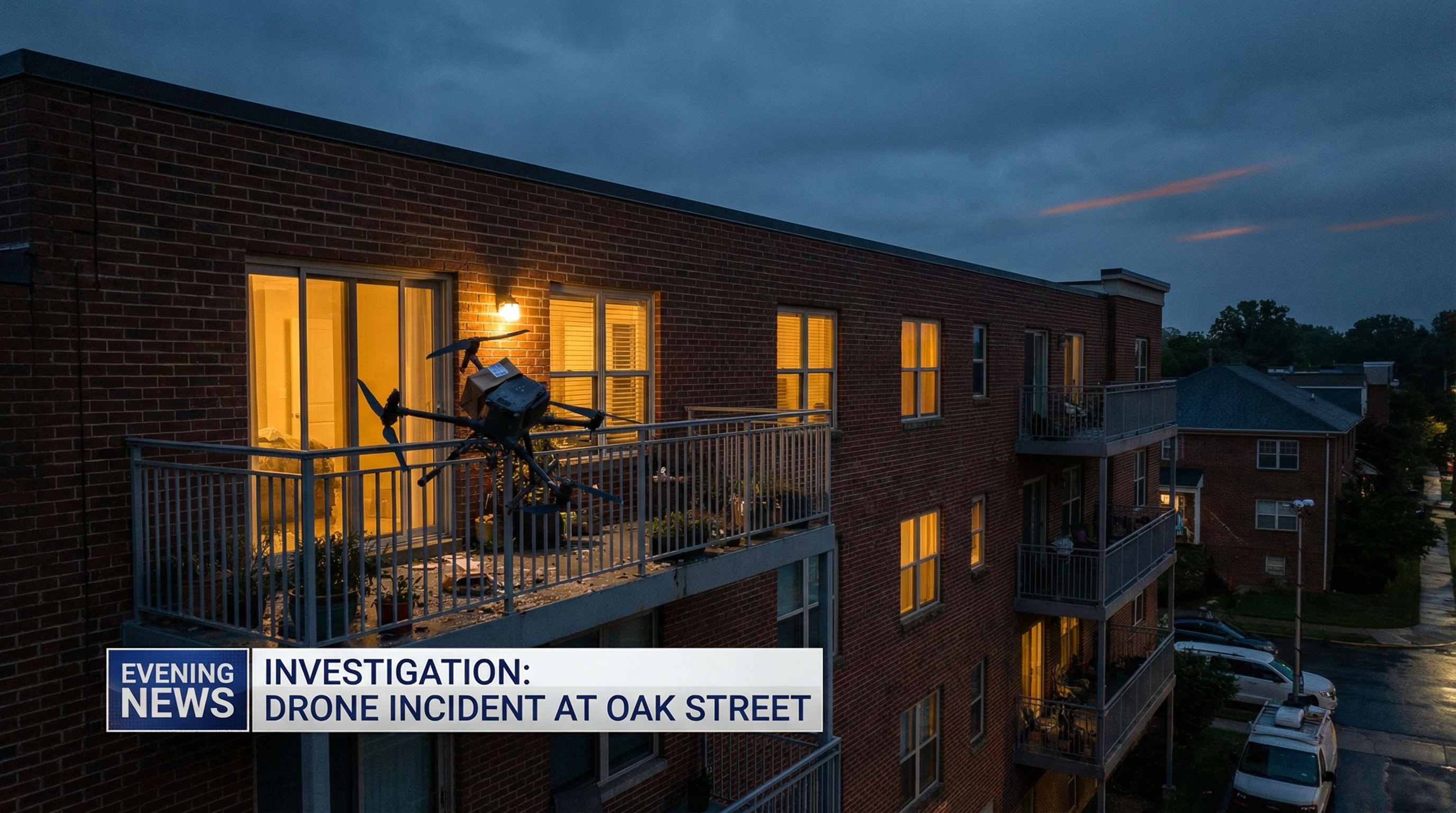 Residential building at twilight with damaged delivery drone