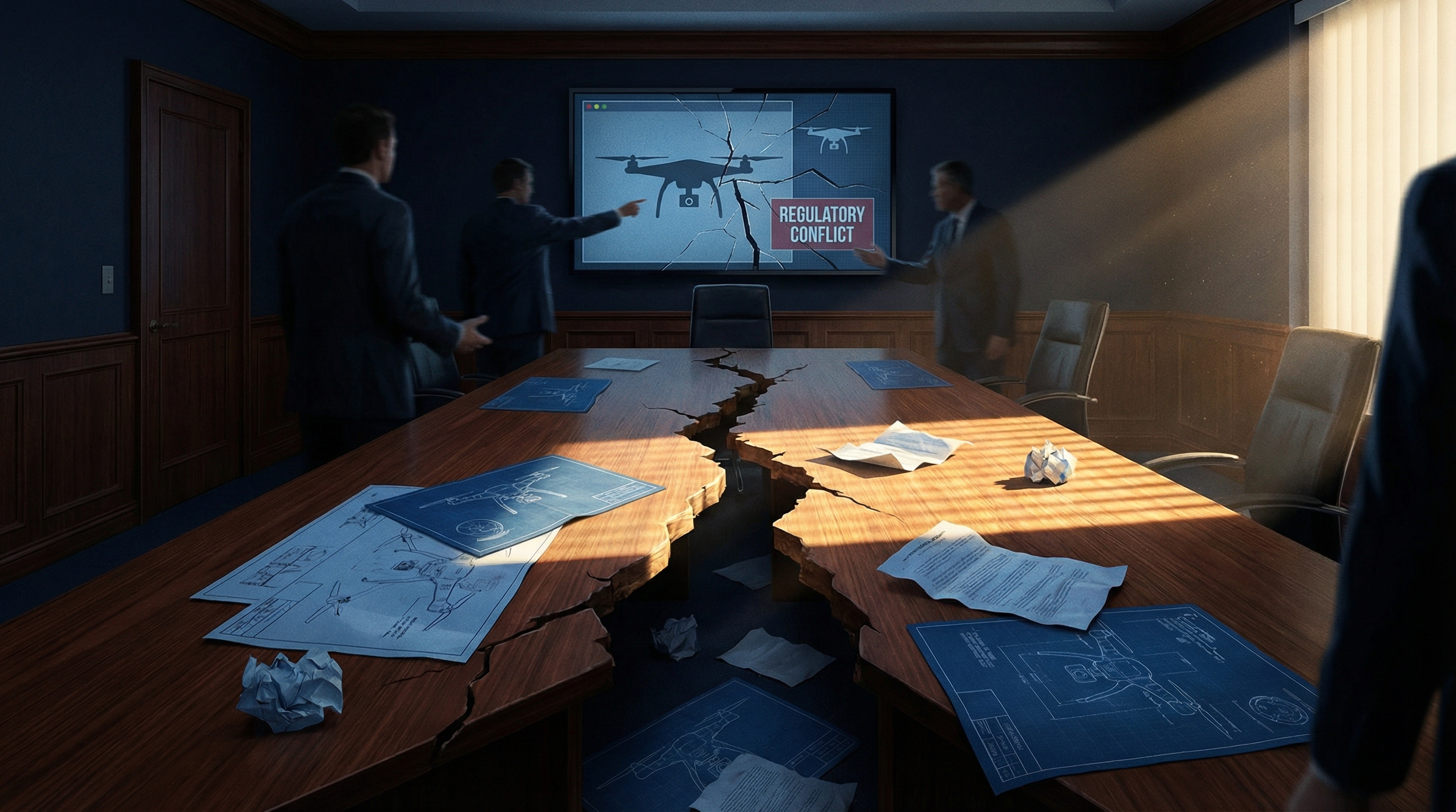 Fractured corporate boardroom with scattered drone blueprints
