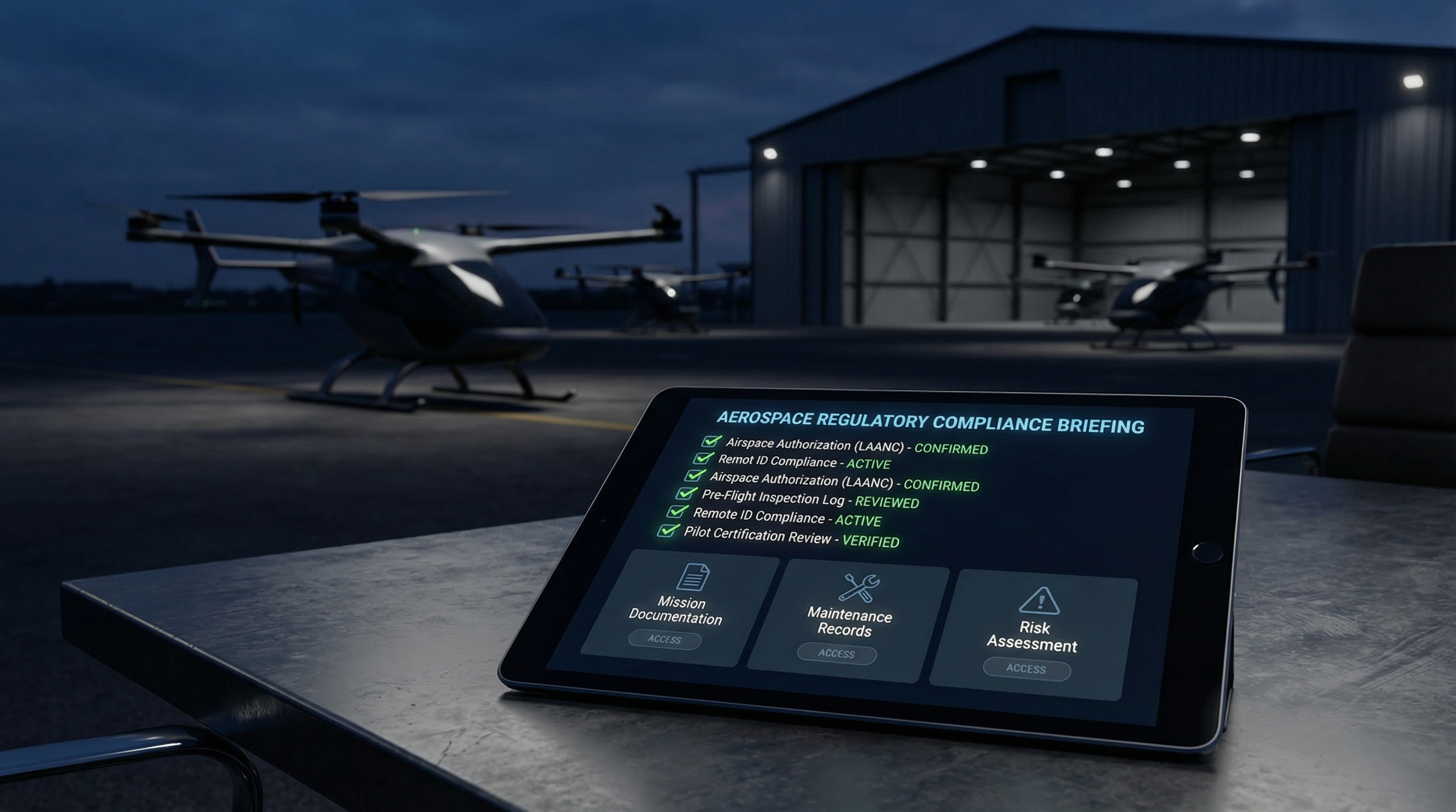 BVLOS compliance checklist on tablet with drone fleet background