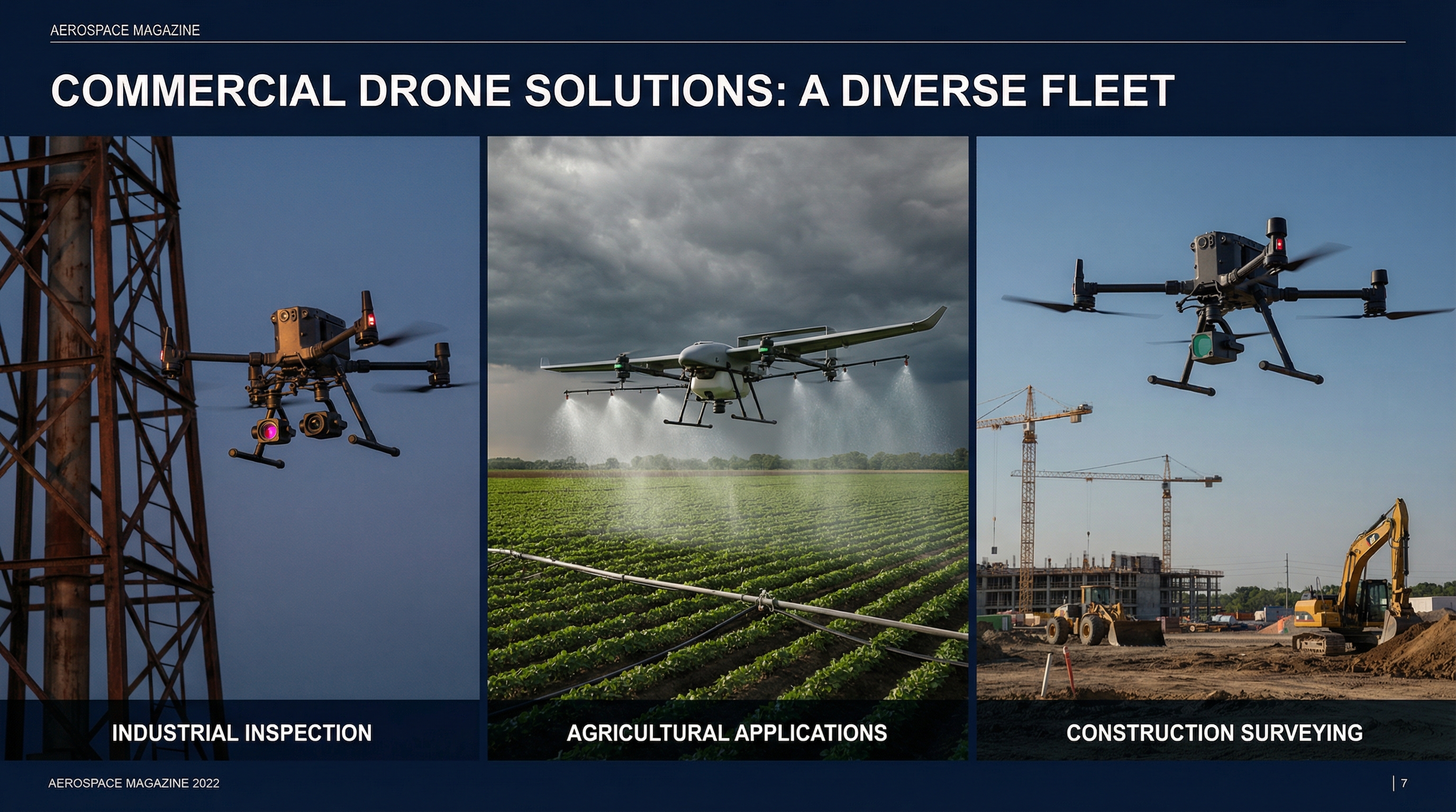 Montage of commercial drones for inspection, agriculture, and mapping