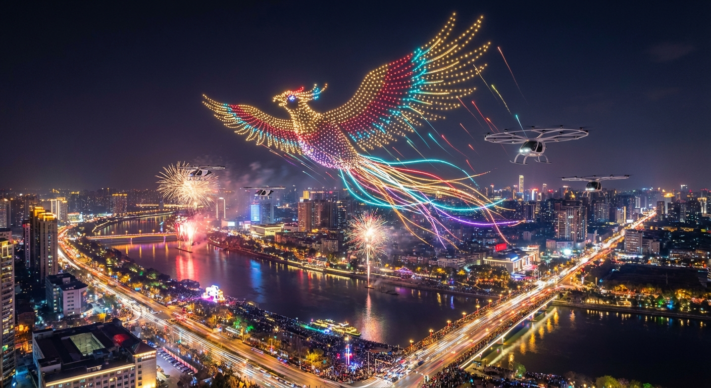 Thousands of illuminated drones forming shapes in the night sky during EHang Spring Festival show
