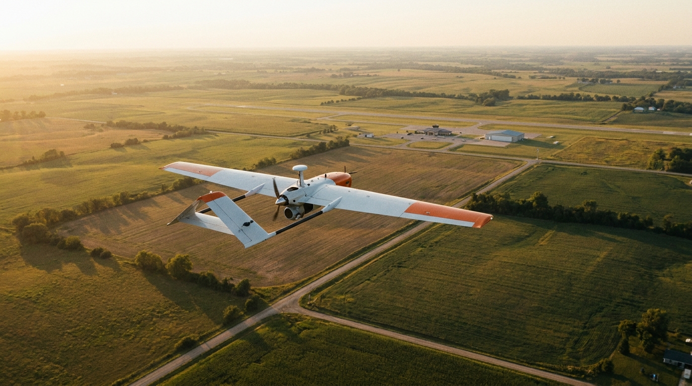 A fixed-wing surveying drone flying a rural beyond-visual-line-of-sight corridor at golden hour with farmland and a distant small airport below