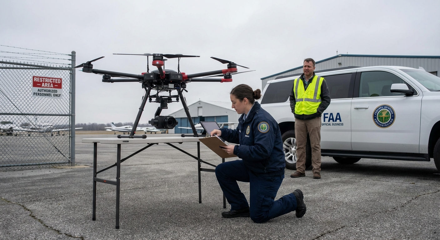 FAA enforcement inspector examining a commercial drone at an airfield