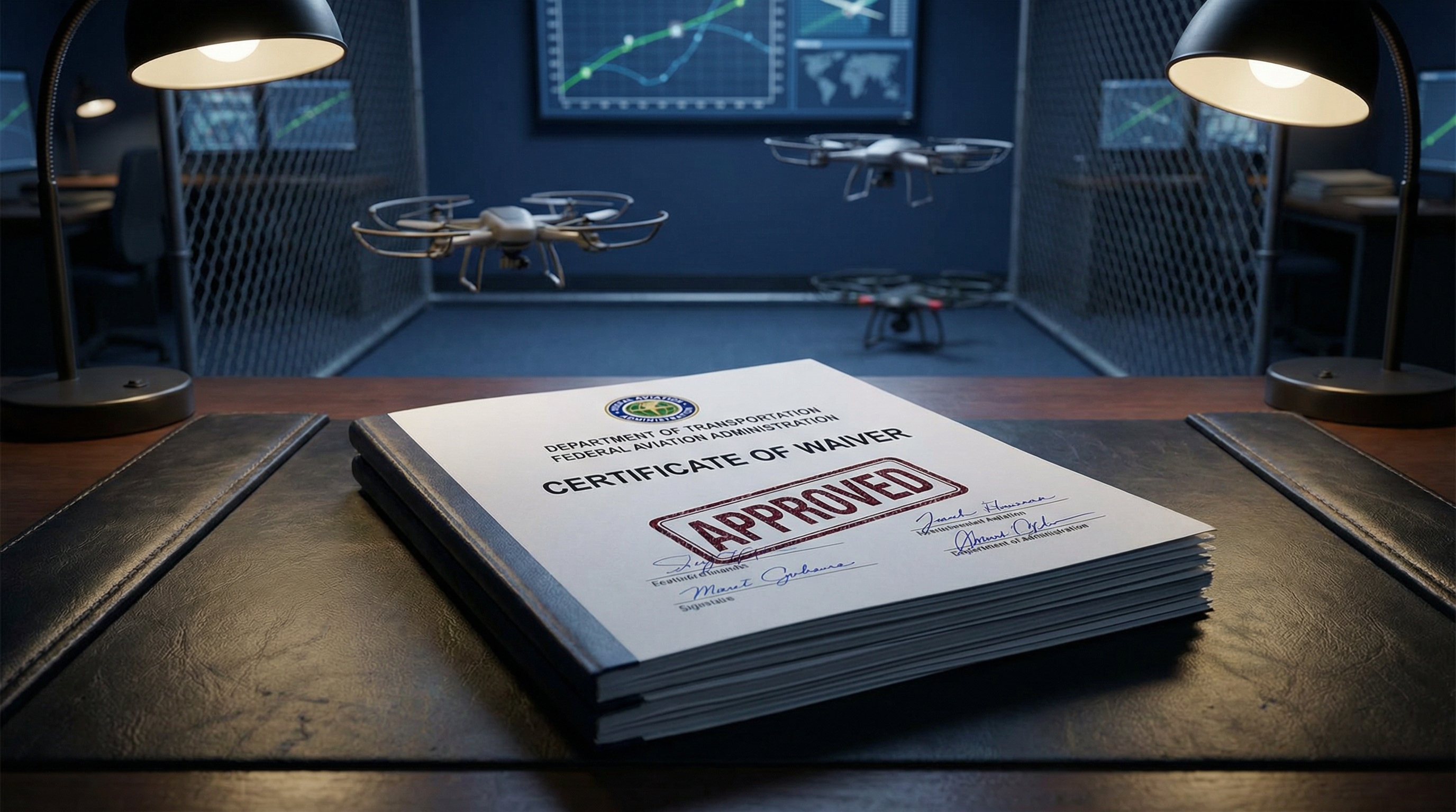 Waiver documents with approved stamps and drone operations background