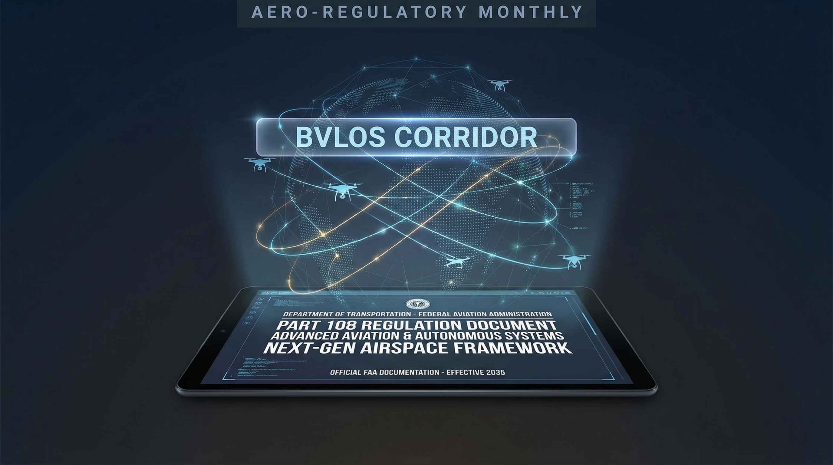 Part 108 regulation document with futuristic BVLOS corridor