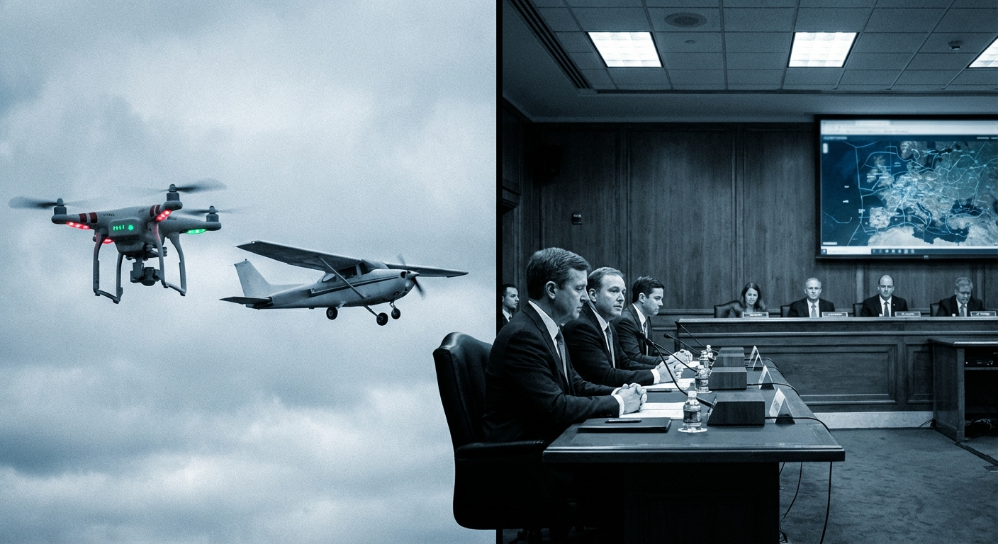 Drone with electronic conspicuity lights and regulatory hearing room