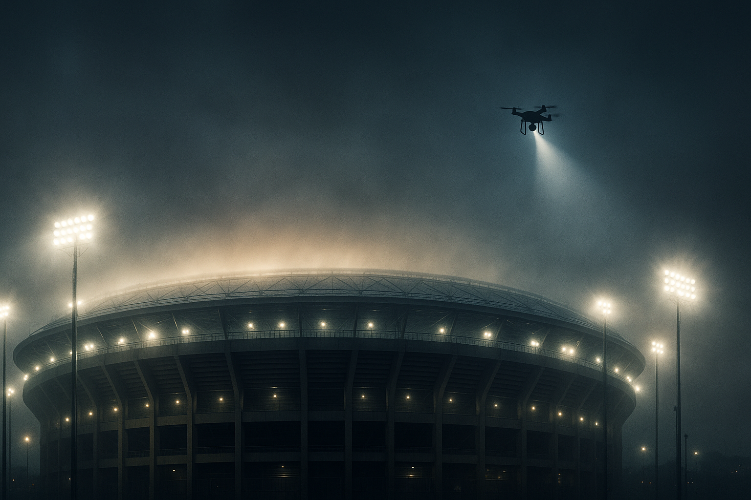 Night stadium exterior ringed by security lighting with restricted airspace haze overhead