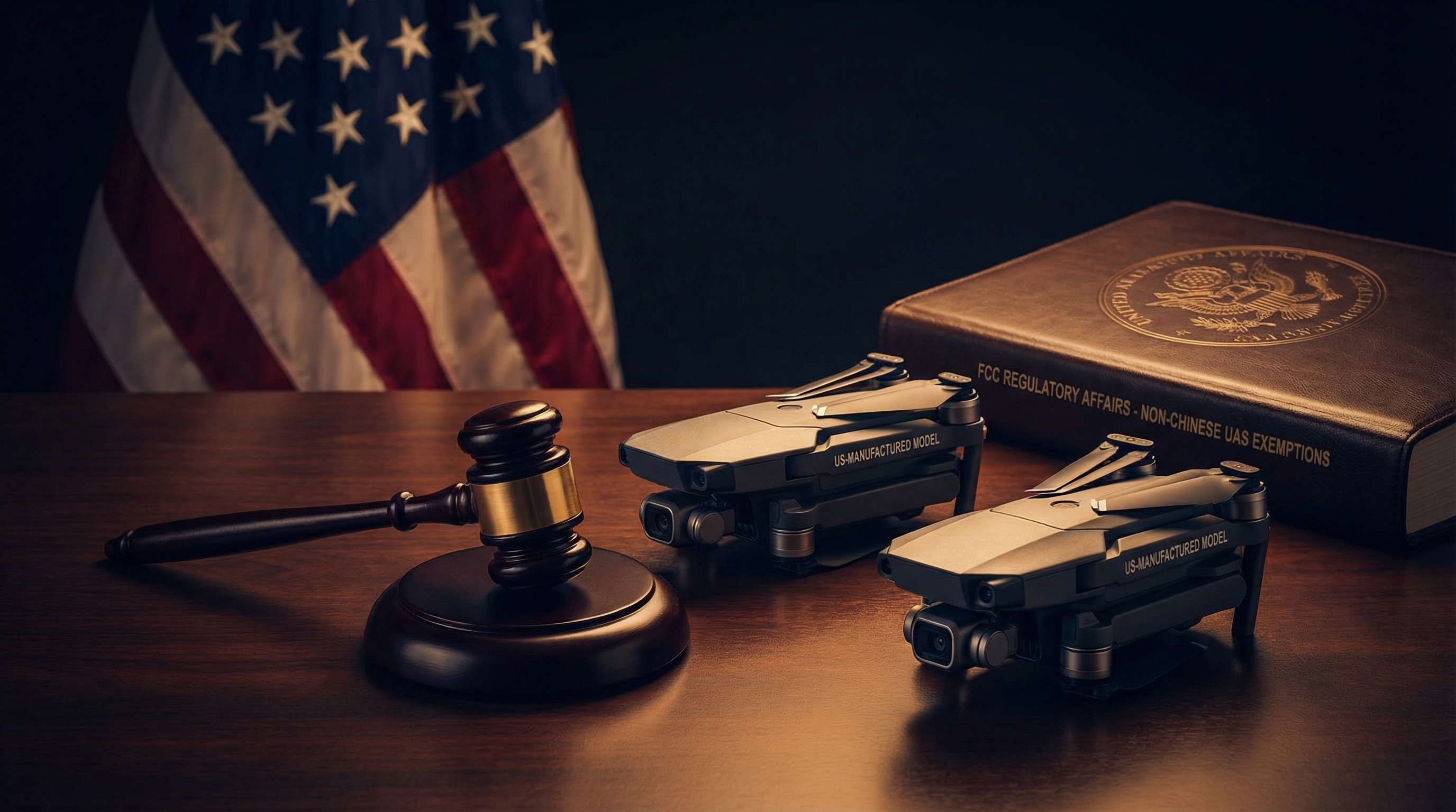 Regulatory gavel beside commercial drones with American flag background