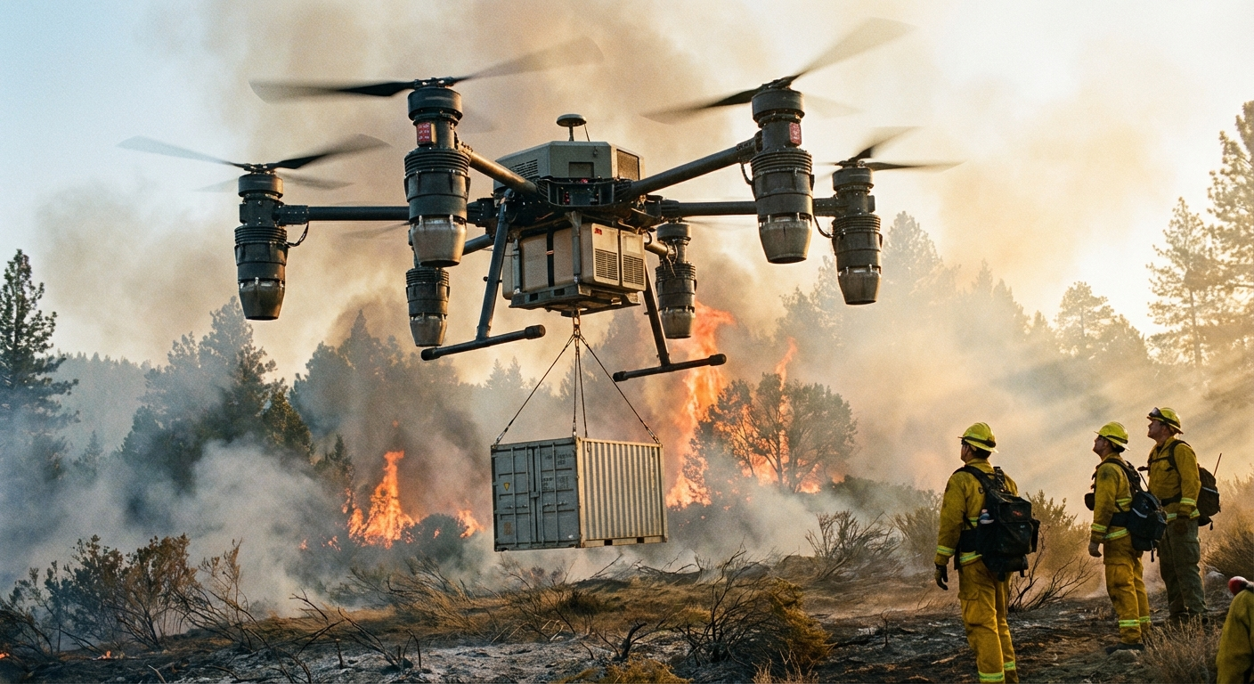 Heavy-lift cargo drone carrying payload over a wildfire scene