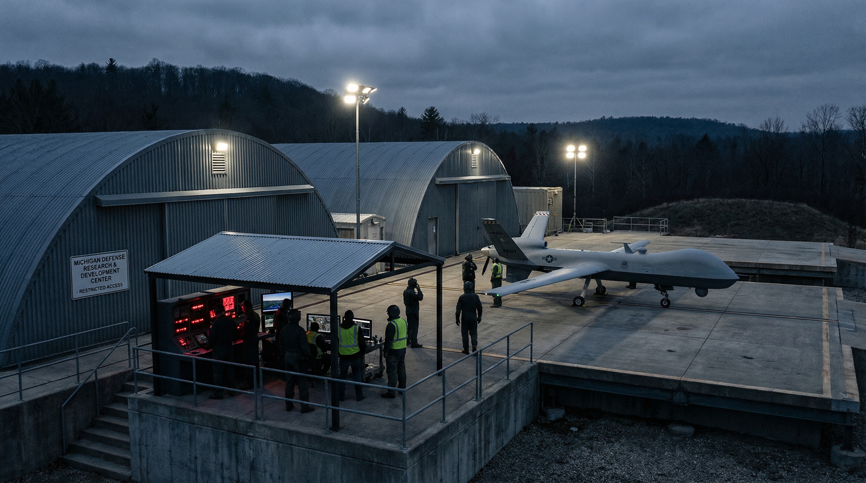 Military drone testing facility in Michigan landscape