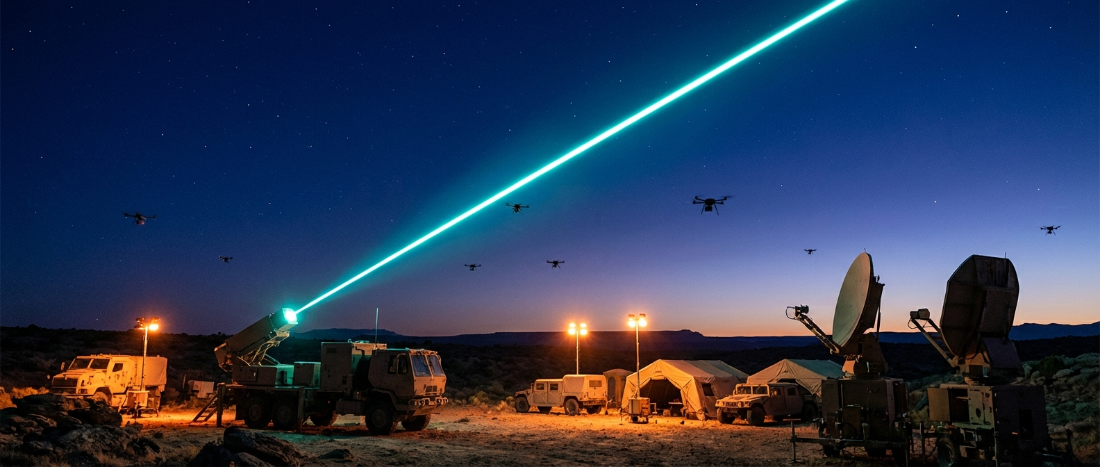 Military anti-drone laser system firing into the night sky at White Sands Missile Range
