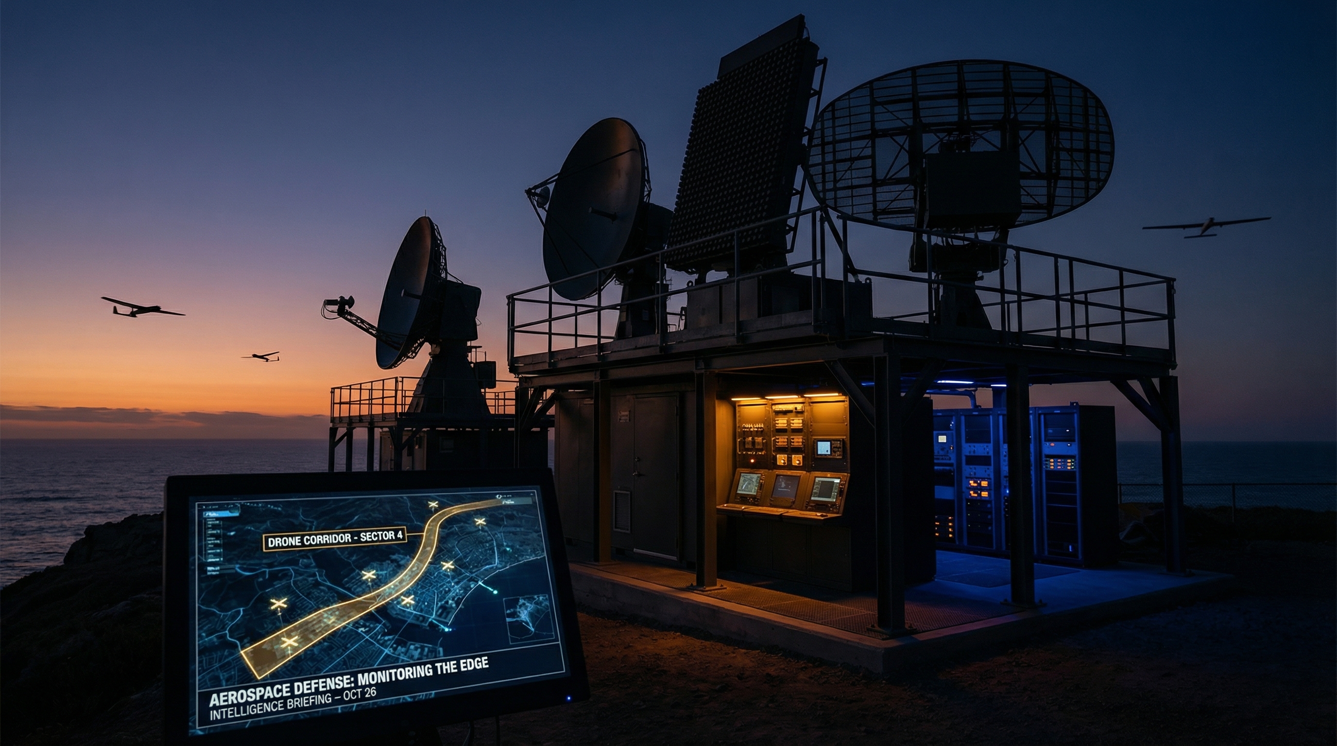 Professional surveillance radar array monitoring drone corridor