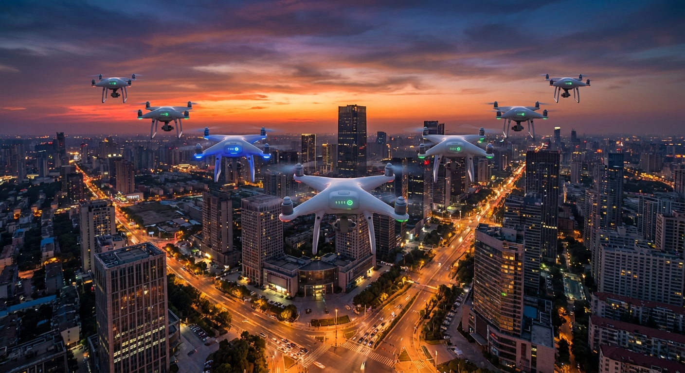 Multiple drones in coordinated formation over urban landscape