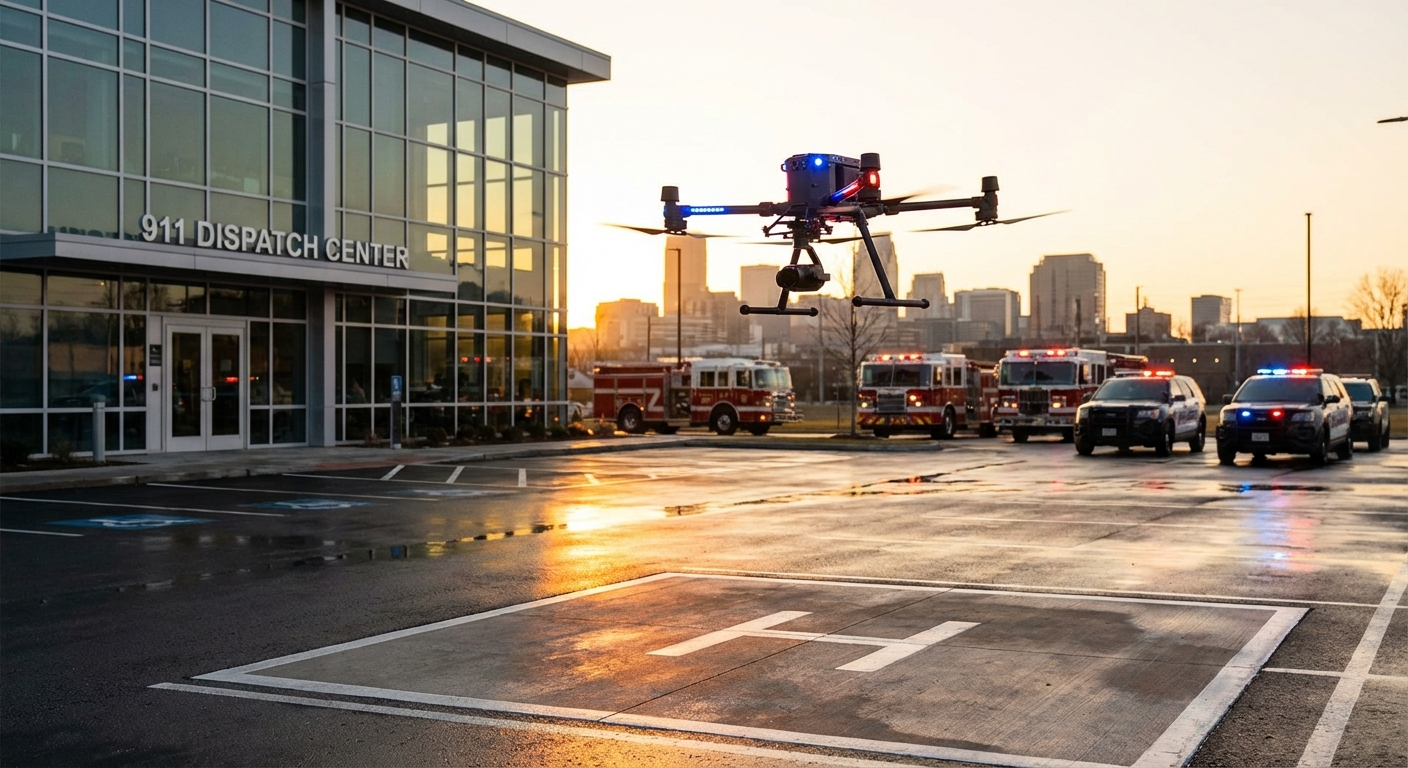 Police drone first responder launching from a 911 dispatch center
