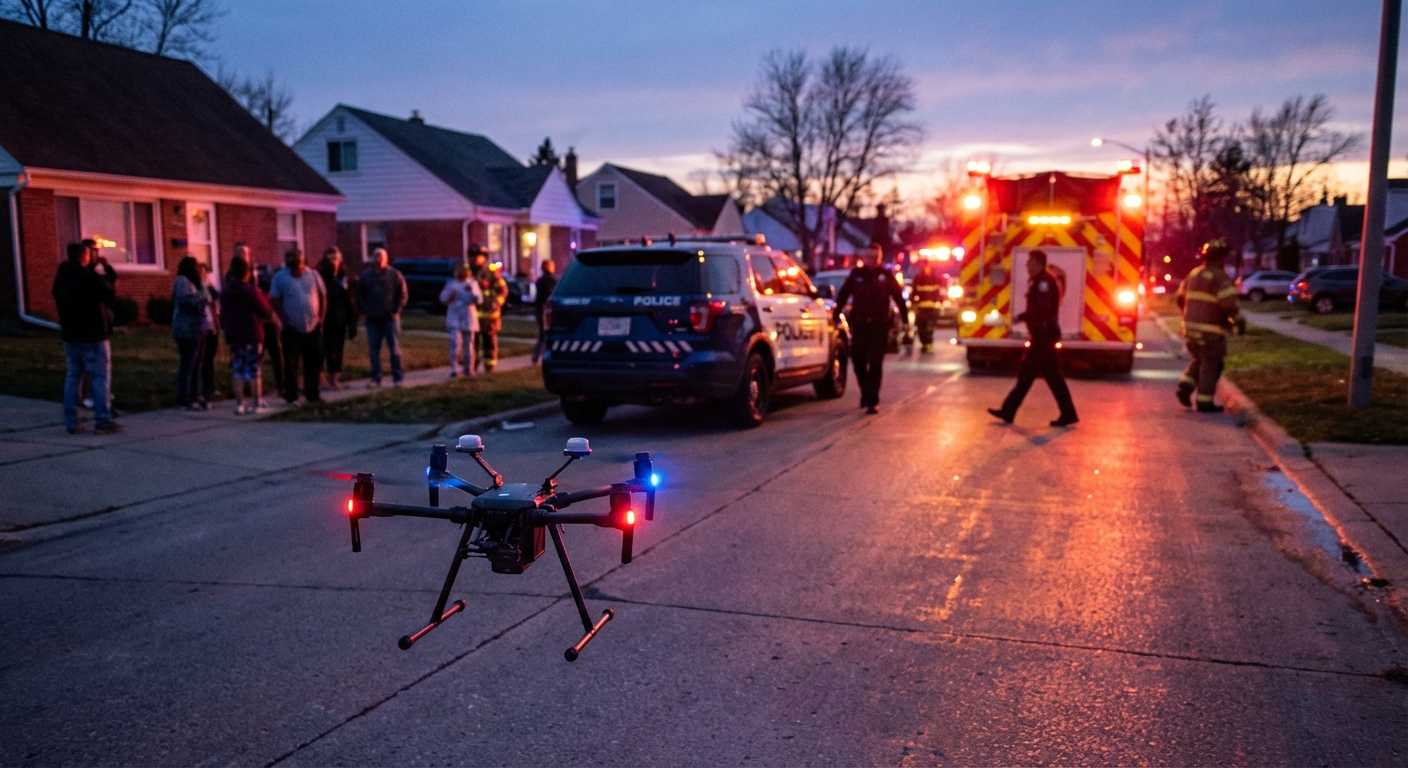 Police drone with emergency lights hovering over Warren, Michigan neighborhood