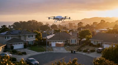 A white autonomous delivery drone lowering a package by tether over a suburban California cul-de-sac at golden hour, with distant coastal hills and rooftops receding under a clear sky