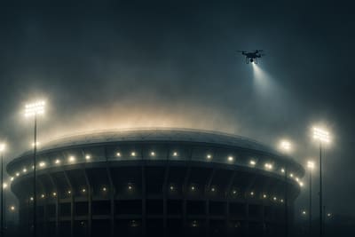Night stadium exterior ringed by security lighting with restricted airspace haze overhead