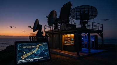 Professional surveillance radar array monitoring drone corridor