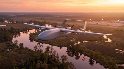 Text-free editorial illustration of a hybrid-electric cargo VTOL aircraft in cruise over Gulf Coast marshland at dusk